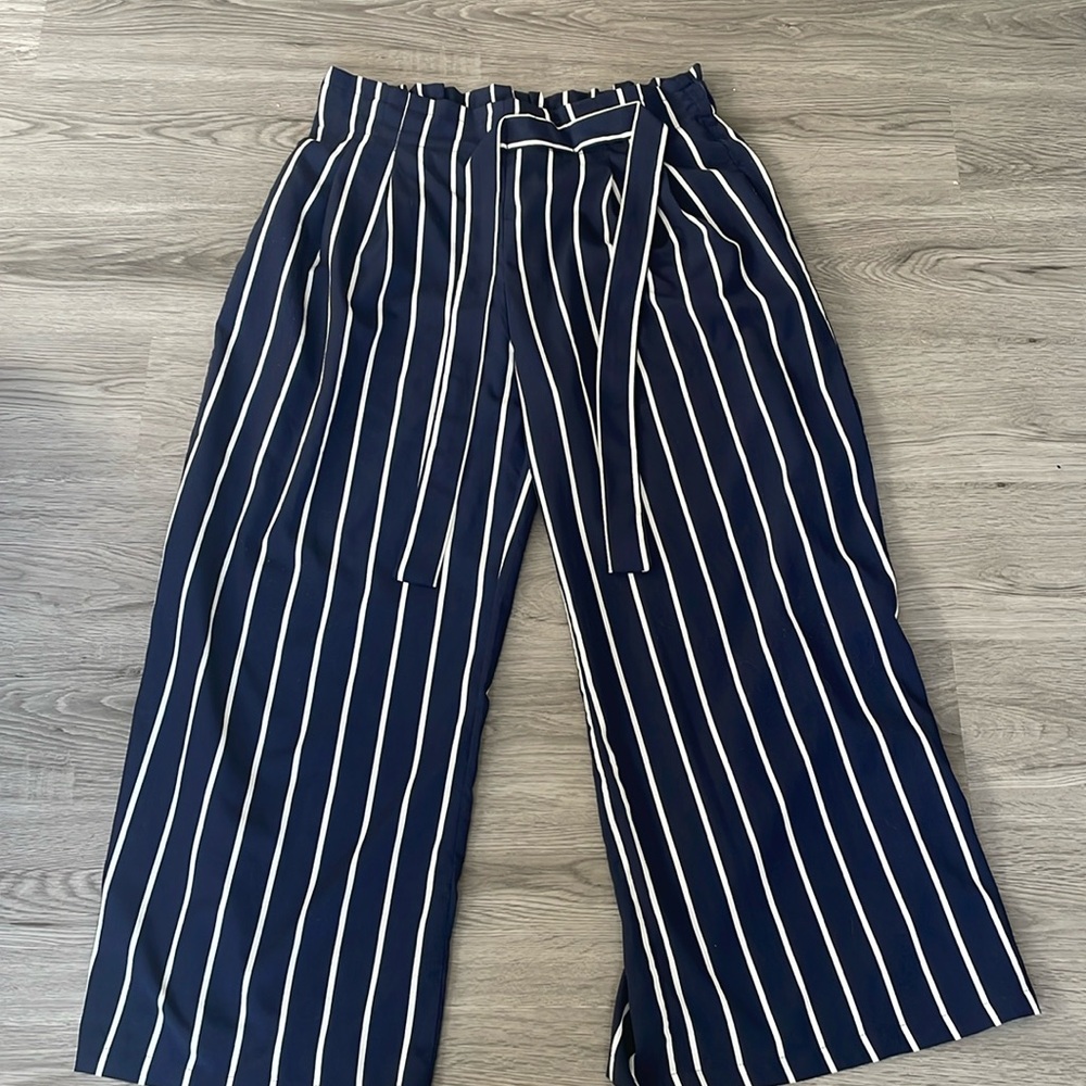 Blue and white striped wide leg pants